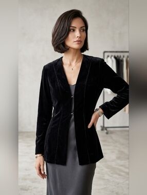 Max Studio Leon Max Black Velvet Hook & Eye Jacket Small Vintage USA Size S